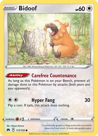 Bidoof 111  - Reverse Holofoil Crown Zenith - Common