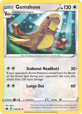 Gumshoos 118  - Reverse Holofoil Crown Zenith - Rare