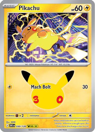 Pikachu 030/128  - Holofoil ME 30th Celebration - Pikachu Rare
